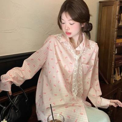 Розовая клетчатая рубашка кружевная шаль для женщин с бантом и длинными рукавами милые топы весенняя свободная повседневная солнцезащитная одежда