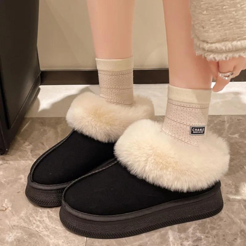 Женские плюшевые теплые ботильоны на толстой подошве, повседневные зимние ботинки на открытом воздухе, без застежек 2024 года, нескользящие плоские хлопковые туфли с меховым дизайном Zapatos