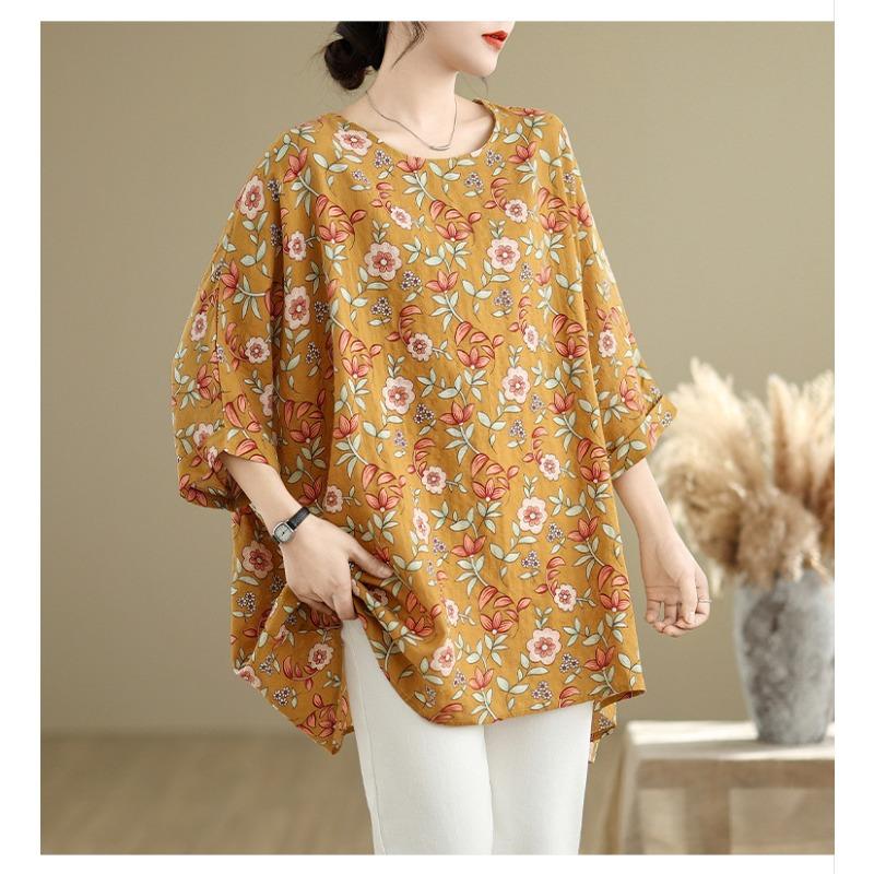 Летняя новая художественная футболка большого размера с круглым вырезом и рукавом три четверти