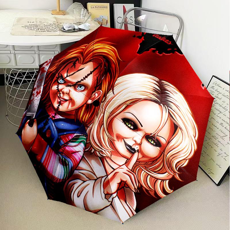 Love And Horror Doll Pattern Automatic Folding Umbrella - 8-Rib Travel Umbrella with Auto Open/Close & Portable Gifts for holidays or birthdays