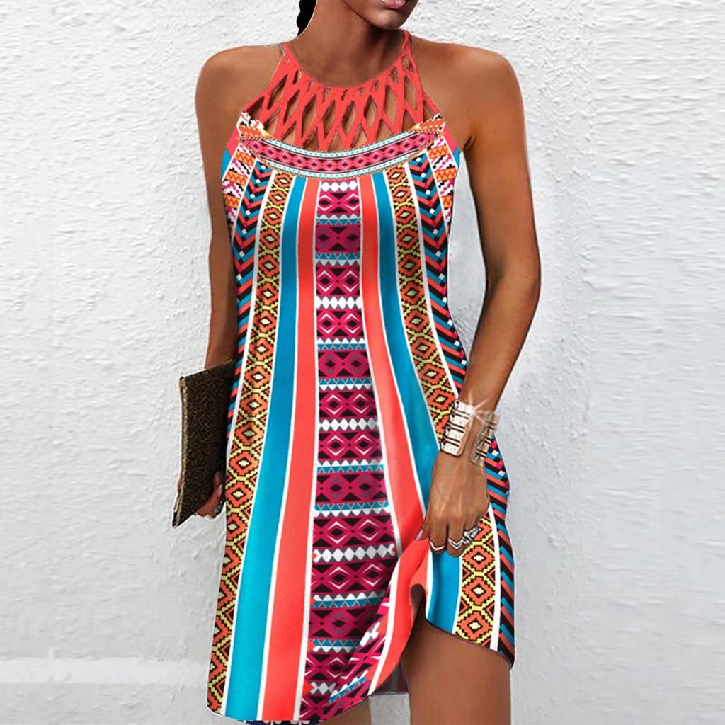 Модное винтажное платье с полым вырезом и тонким рукавом с круглым вырезом и принтом