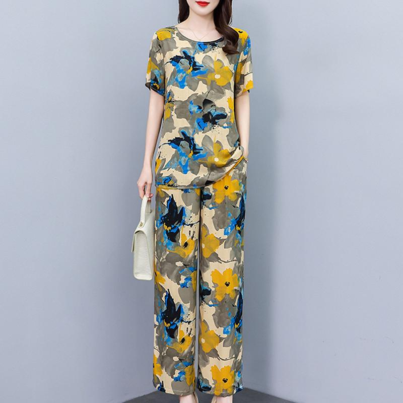 Летние комплекты с широкими брюками больших размеров с винтажным принтом, повседневные элегантные свободные комплекты для женщин, комплект из 2 предметов