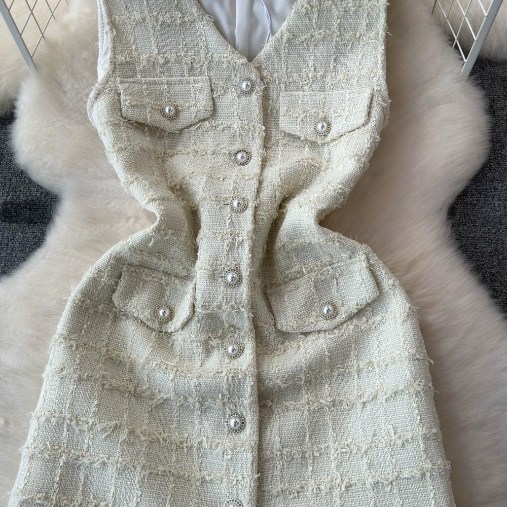 Summer Women Sweet Sleeveless Plaid Tweed Office Work Party Mini Short Vest Dresses