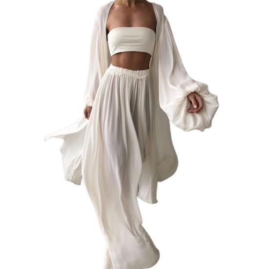 Women Solid Color Long Sleeve Cardigan Tube Top Wide Leg Pants Three Pieces Set