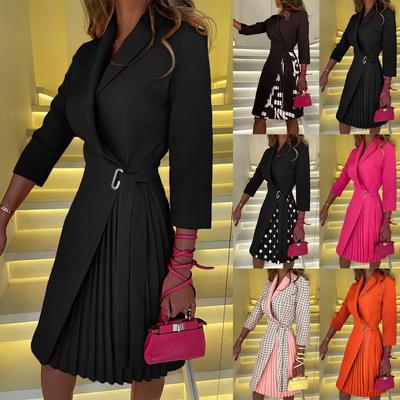 Женское плиссированное однотонное платье с завязками на талии, рукавами 3/4 и V-образным вырезом