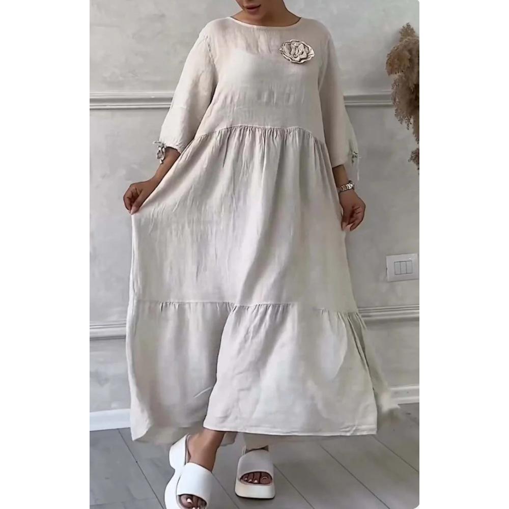 Женское однотонное повседневное длинное платье с круглым вырезом и длинными рукавами на шнуровке на шнуровке больших размеров