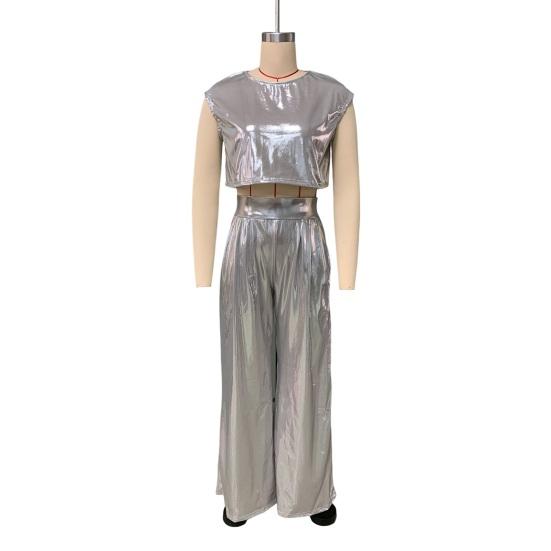 Женский глянцевый костюм из двух частей, укороченный топ без рукавов с круглым вырезом и широкими брюками, повседневный свободный комплект для отдыха