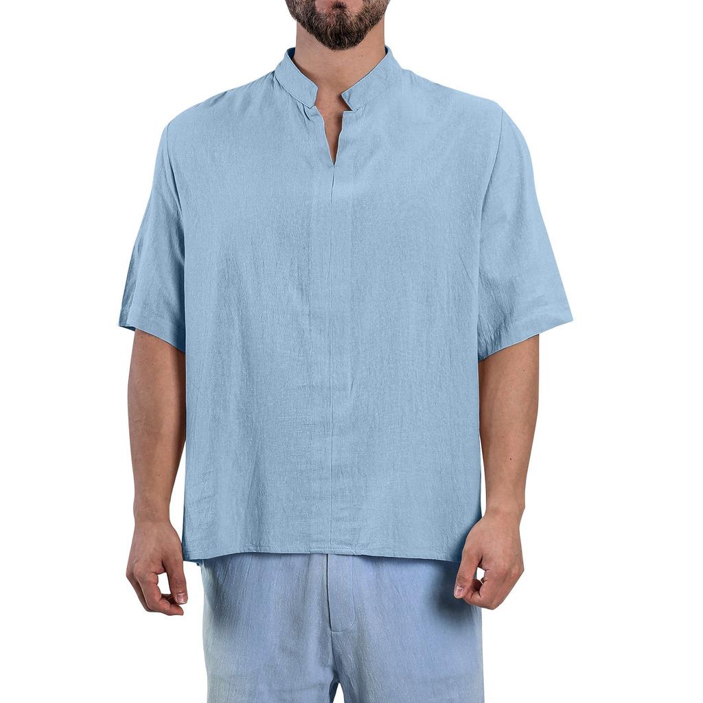 Мужские летние однотонные топы из хлопка и льна с V-образным вырезом и рукавами-пять точек, повседневные модные топы для мужчин