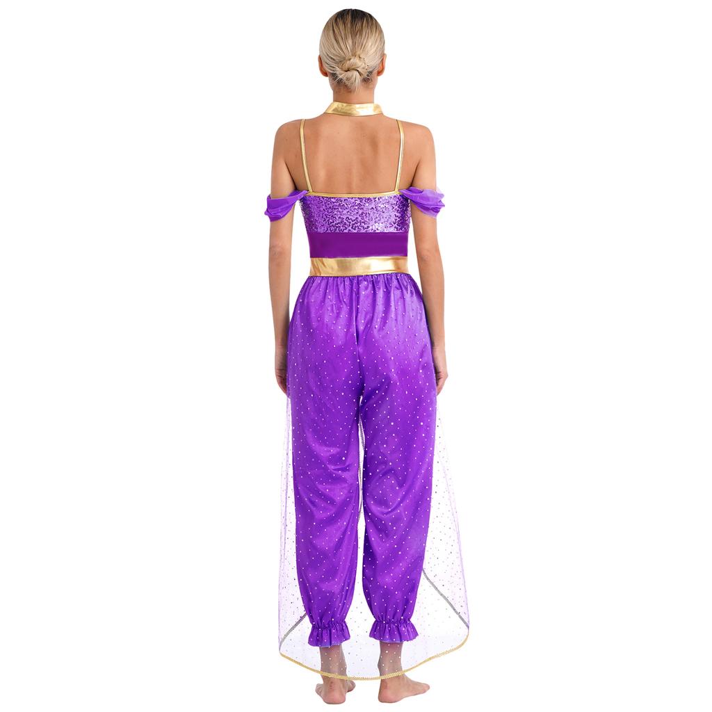 Women's Princess Costume Set Sequins Jumpsuit Long Wide Trousers Carnival Cosplay Party Dance Fancy Dress Outfit
