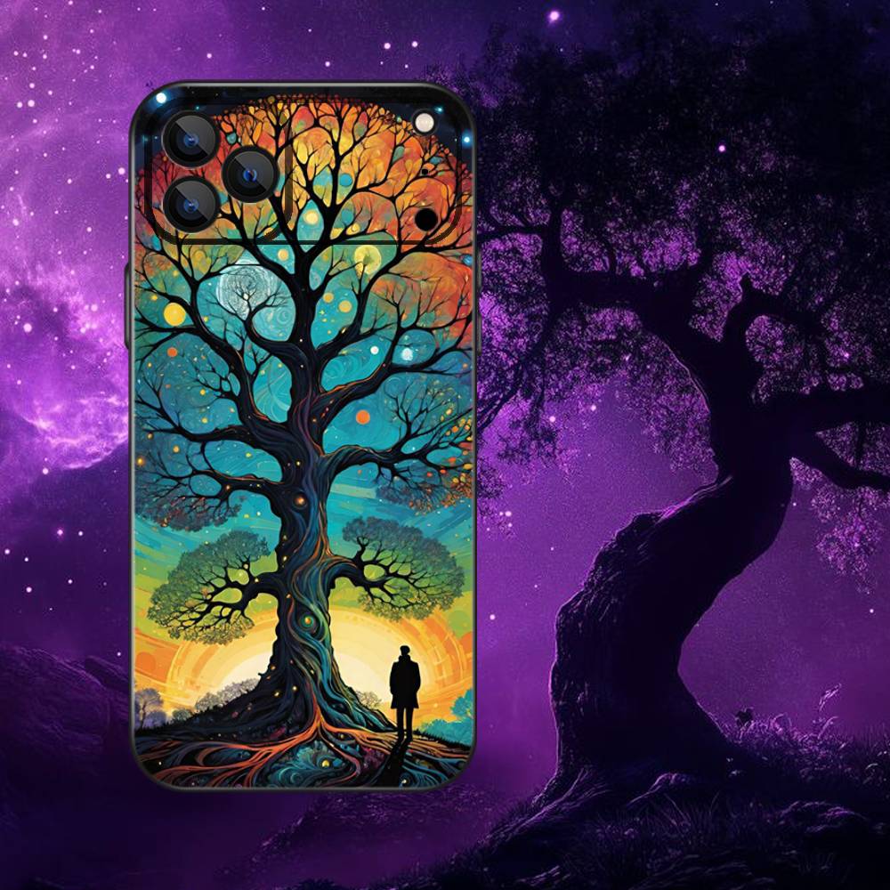 Starry Sky Art Trees Phone Case For iPhone 17,16,15,14,13,12,11,Pro Max,XSX,,XR,SE,Mini,8,7,Soft Silicone Black Cover