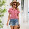 Fashionable Women's Plaid Pocket Collared Short-sleeved Shirt, Women's Button-down Shirt