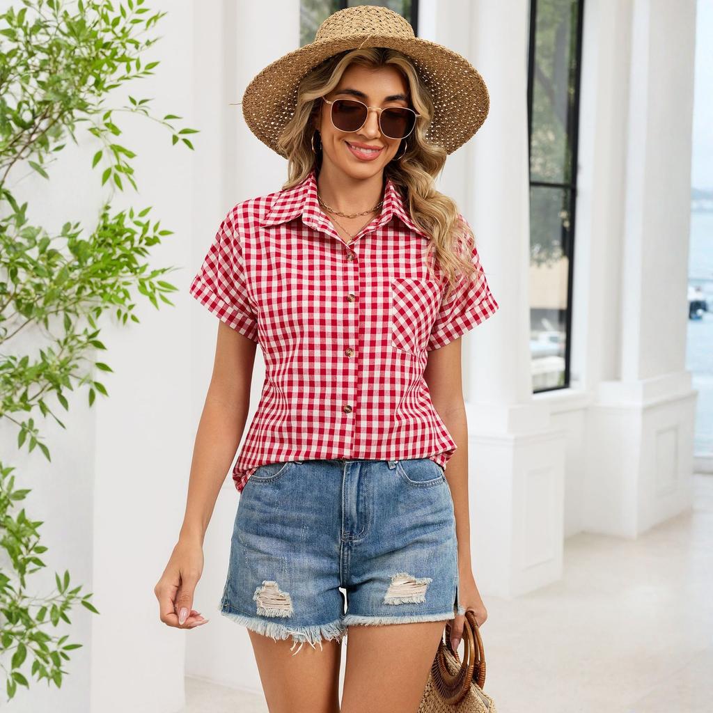 Fashionable Women's Plaid Pocket Collared Short-sleeved Shirt, Women's Button-down Shirt