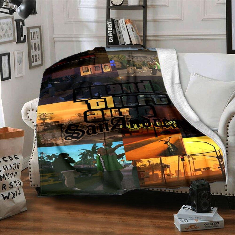 1 шт. Мягкое фланелевое одеяло Grand Theft Auto с дизайнерским принтом. Уютное одеяло для всех сезонов, идеально подходит для дивана, кровати, офиса