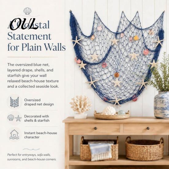 Beach House Interior Decor Fishing Net Wall Decoration, Lighted Coastal Art, Light-Up Decorative Bedroom Hanging Netting for Living Room Seasonal