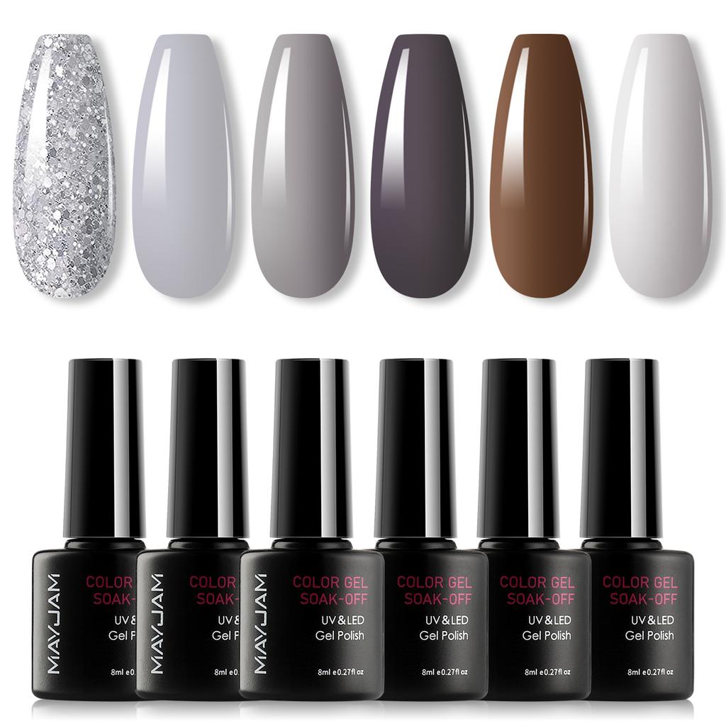 MAYJAM 6 шт., осенне-зимний набор гель-лаков для ногтей, замачиваемый УФ-лампа для ногтей, желтый, оранжевый, коричневый, серый гель-лак для выходного дня, гель-лак для ногтей, маникюрный набор