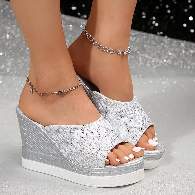 Bling Print Women Wedges Slippers High Heels Sandals Summer 2024 Slingback Platform Shoes Open Toe Flip Flops Pumps Femme Slides