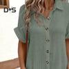 Women's Cotton Linen Dress Casual Button Down V-neck Dress with Pockets Summer Short Sleeve Beach Sundress