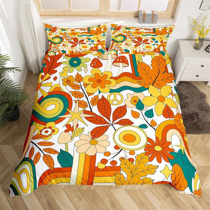 Retro 70s Hippie Style Duvet Cover Queen Microfiber Psychedelic Mushroom Bedding Set Room Decor Gifts Rainbow Floral Quilt Cover