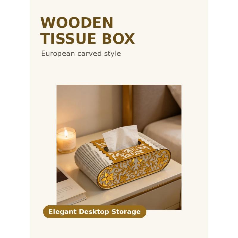Wooden Carved Tissue Box Cover, European Style Decorative Napkin Holder, Creative Desktop Storage Box for Home Living Room Bedro