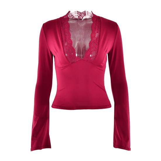 Женский укороченный топ с длинными рукавами, сексуальный, глубокий V-образный вырез, кружевная облегающая блузка, повседневная базовая рубашка для выхода на весну и осень