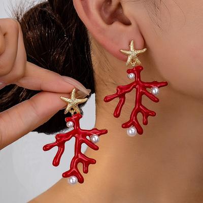 Серьги из красного коралла для женщин Элегантные серьги с искусственным жемчугом и морской звездой Богемные летние пляжные украшения и аксессуары