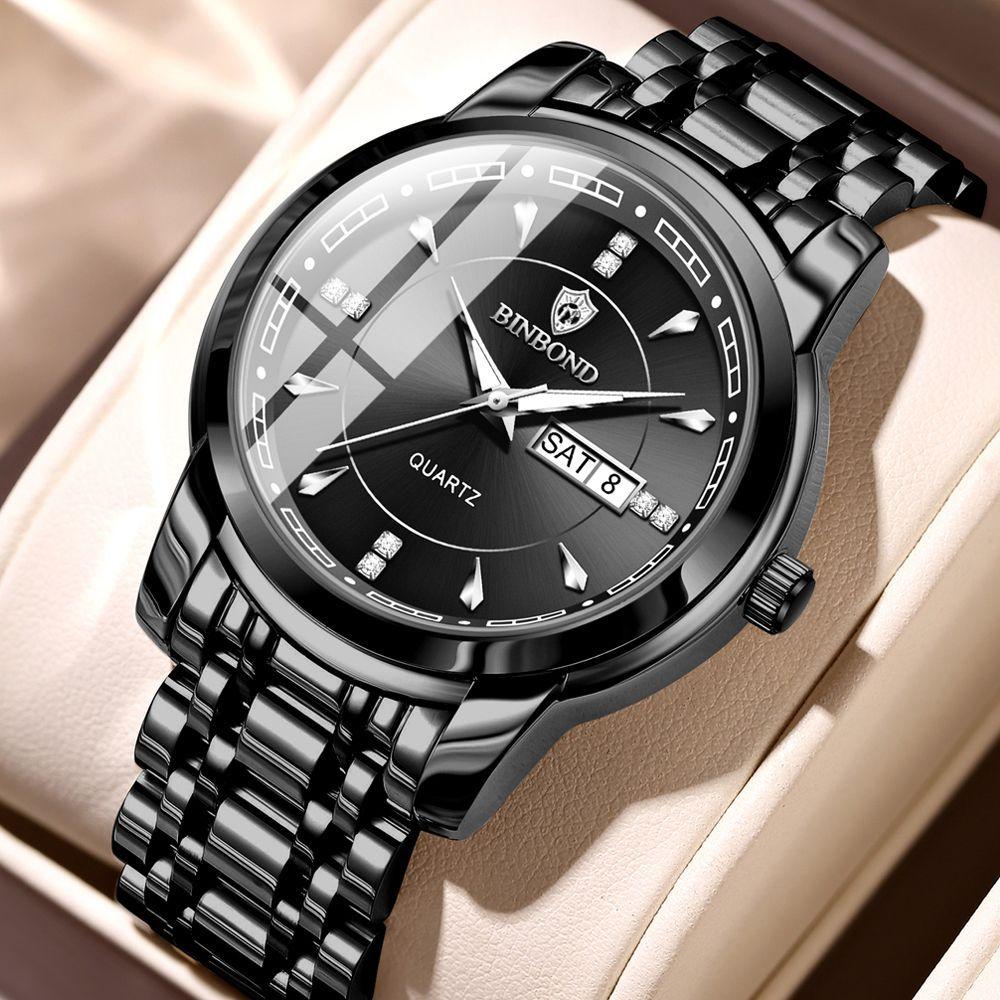 Мужские часы, модные золотые кварцевые часы для мужчин, нержавеющая сталь, водонепроницаемые, светящиеся наручные часы, дата, неделя