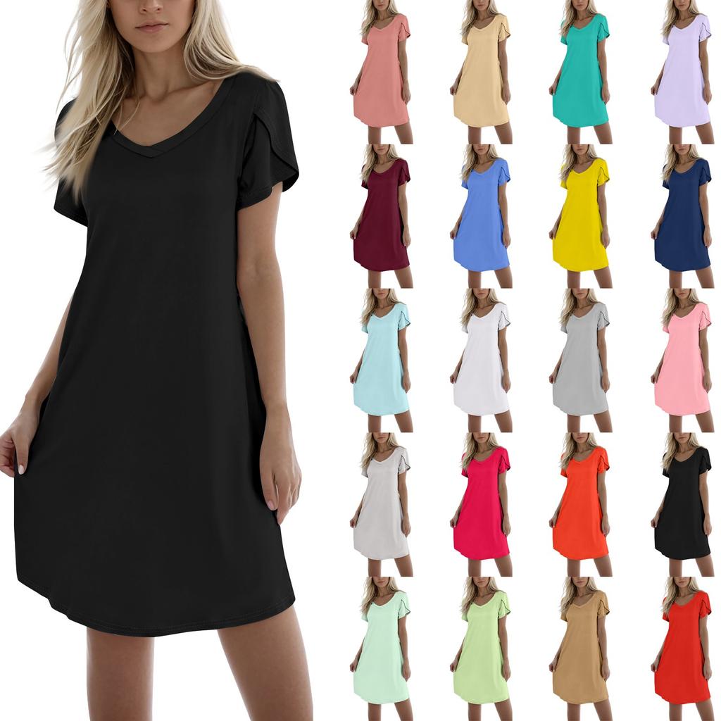 Women's Fashion Casual Solid Color V Neck Short Sleeve Short Dress