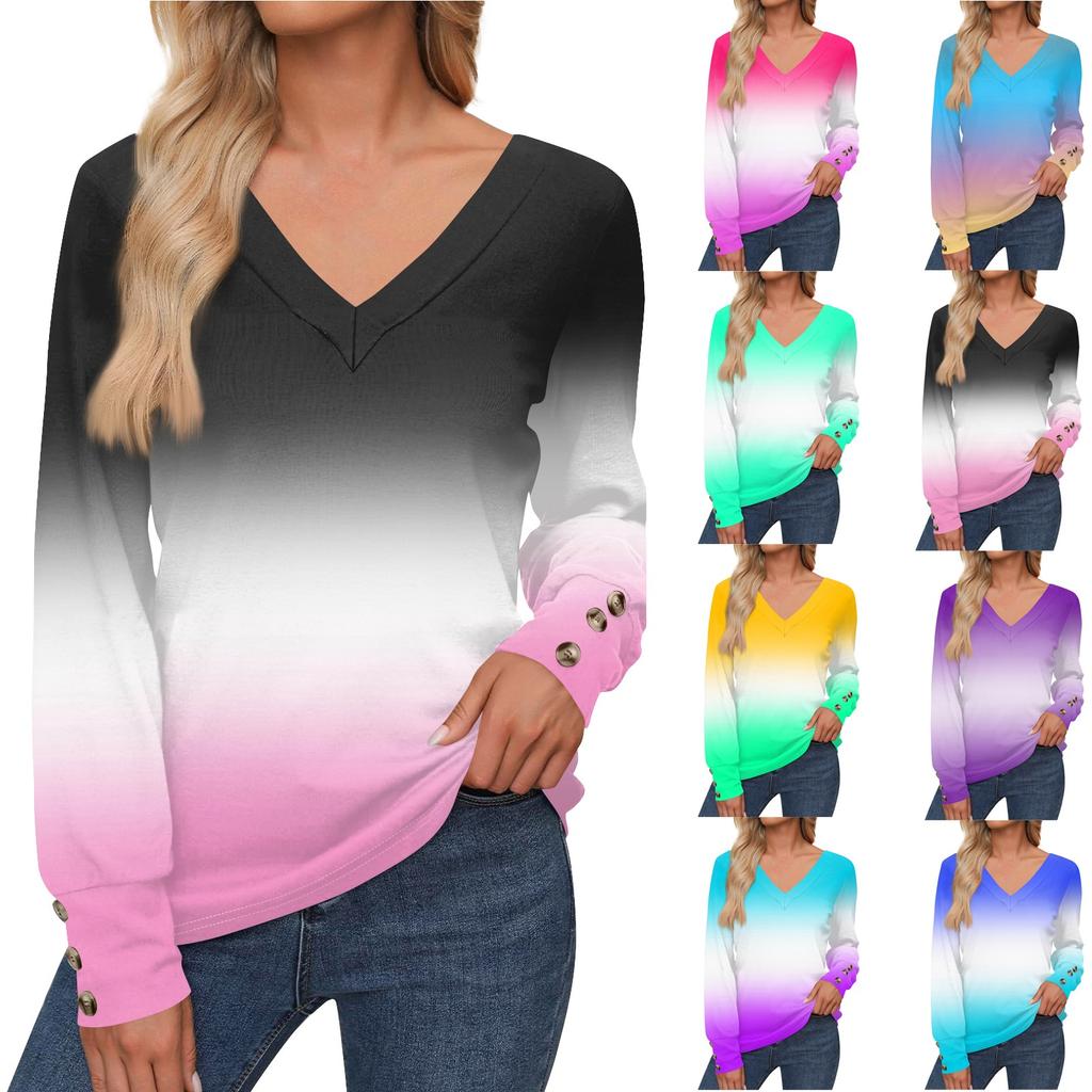 Women's Tops Gradient Printed Long Sleeve Shirt V Neck Casual Loose T-Shirt Autumn Clothing