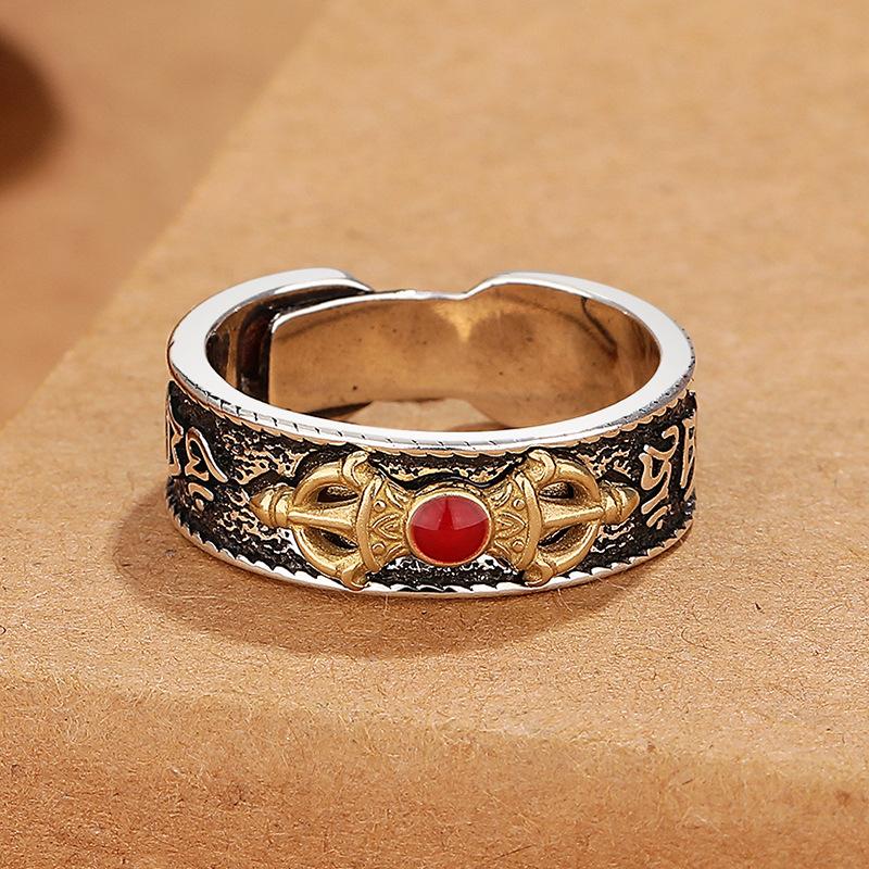 Six -Character Mantra Diamond Ring Male South Red Agate Literature And Art Fan Retro Nation Style