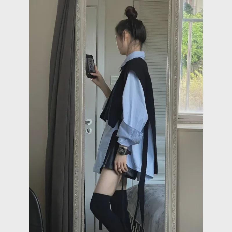 Осенний женский комплект из жилета и рубашки в студенческом стиле 2024 года