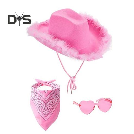 3 шт./компл. ковбойская шляпа, женская розовая фетровая шляпа в стиле вестерн, ковбойская шляпа с банданой, очки, аксессуары, головной убор