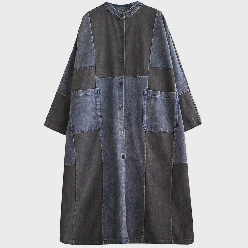 Женская свободная джинсовая ветровка с контрастной строчкой - стираная, средней длины, стиль весна/осень