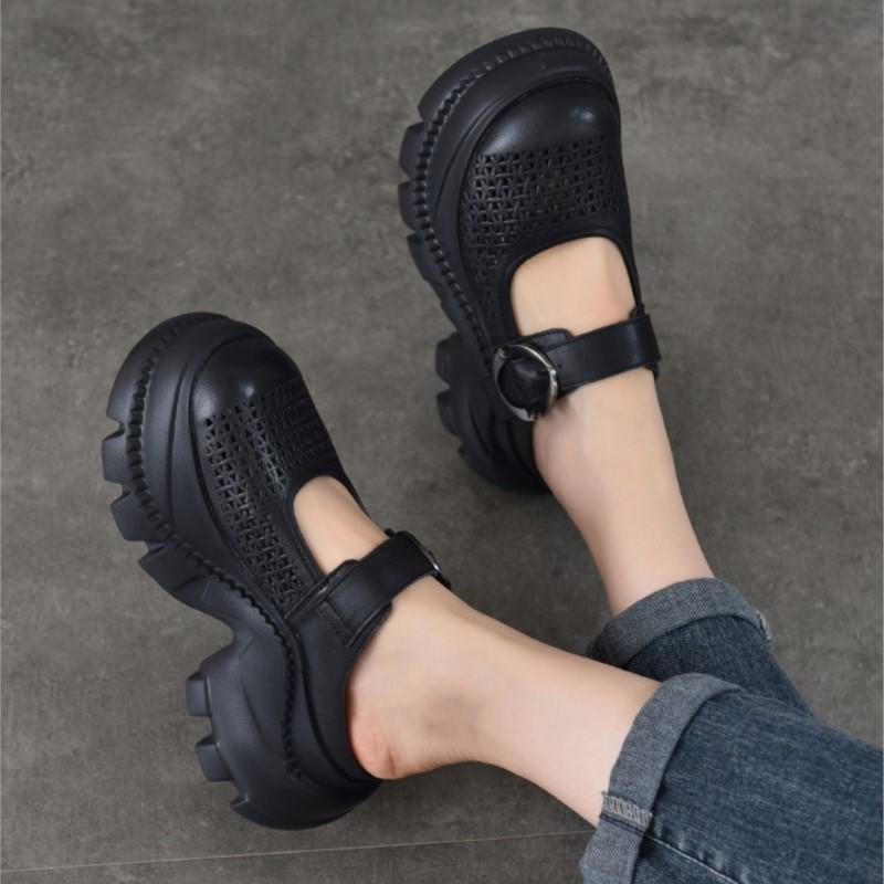 Johnature Легкие тапочки из натуральной кожи с толстой подошвой и круглым носком, дышащие женские туфли с отверстиями