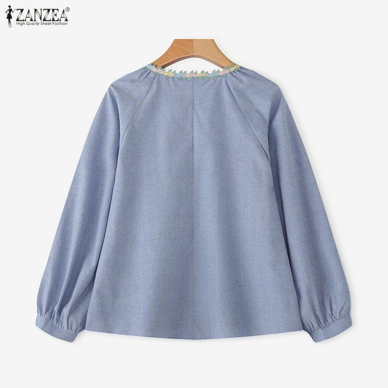 ZANZEA Женская блузка с V-образным вырезом, свободного кроя, с длинным рукавом