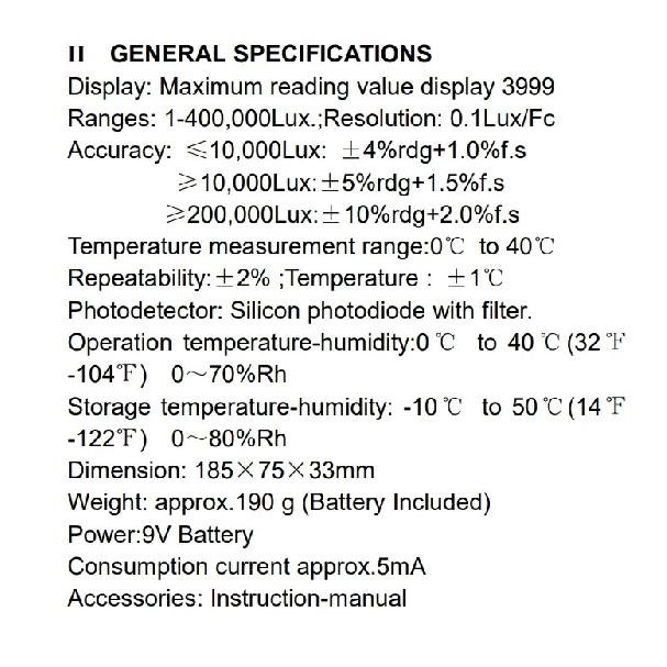 Digital illuminance meter,High accuracy and fast response,Light detector: used for light detection,LCD display,1-400,000Lux