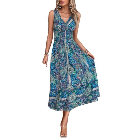 Женское богемное платье с V-образным вырезом без рукавов с открытыми плечами Узкая талия Плюс Размер Красочный принт Узкая эластичная талия Длина до середины икры Летнее пляжное платье миди