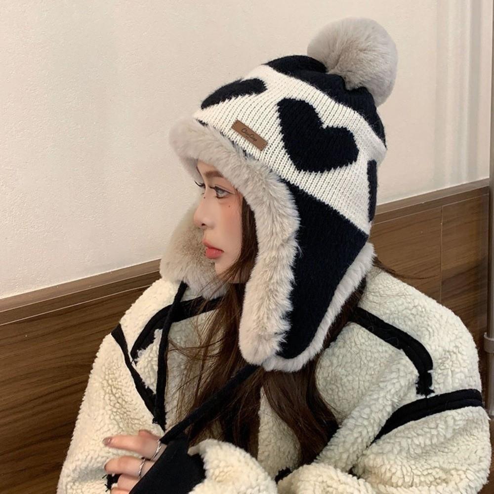 Pom Pom Heart Pattern Ear Flap Hat Polyester Thick Warm Lining Winter Hat Trapper Hat Cold Weather