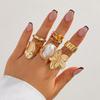 Baroque Inlaid Pearl Gemstone Ring Pleated Vintage Metal Flower Ring Set Banquet Commuter Women Decoration