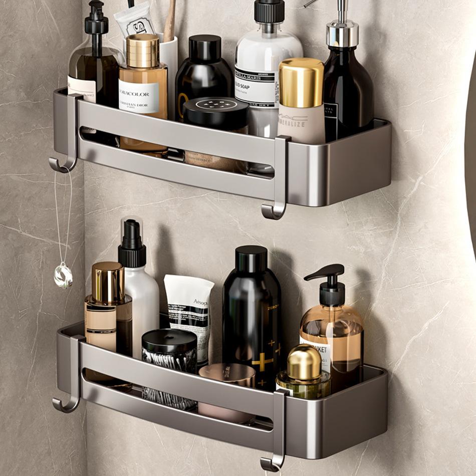 Прямоугольная полка для ванной комнаты, алюминиевая, серая, для туалета, кухни, для ванной, для хранения шампуня, мыла, треугольная полка с крючками, бесплатный гвоздь