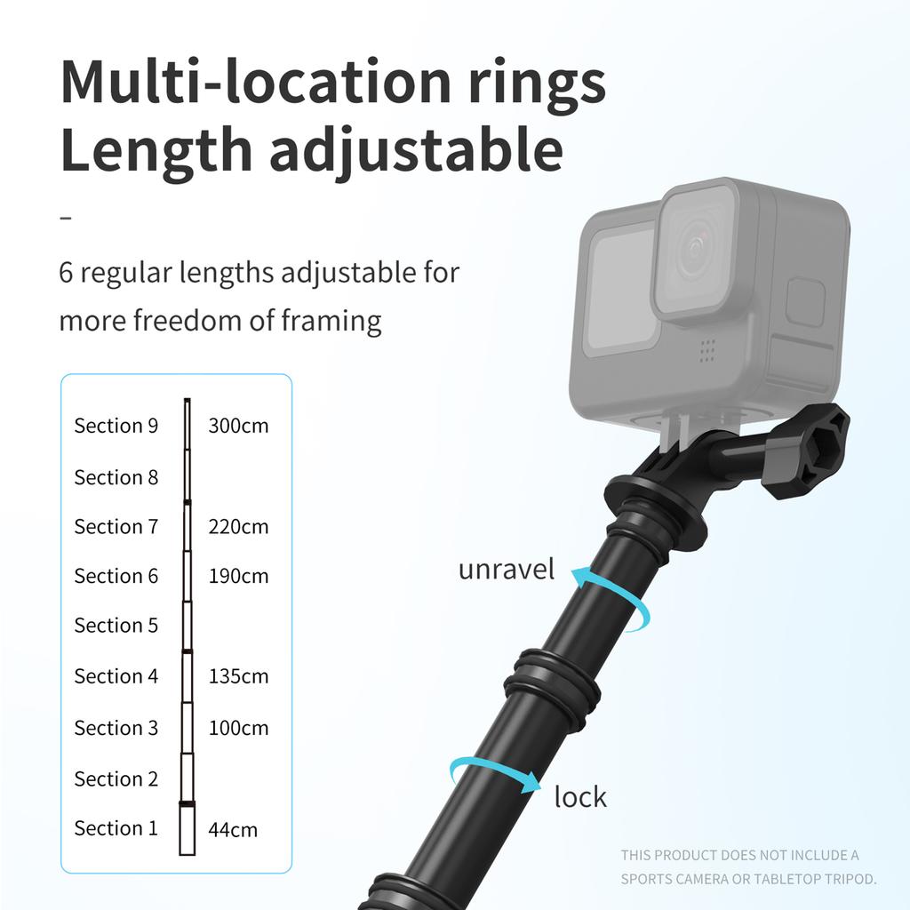 TELESIN 3 Meters Telescoping Selfie Pole Carbon Fiber Selfie Stick Adjustable Extension Pole