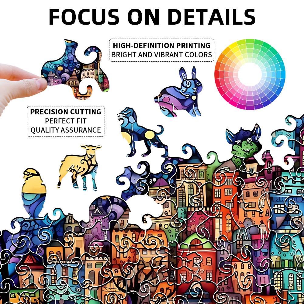 Деревянный пазл для взрослых - Красочный комиксный город - Уникальный пазл неправильной формы в виде животных - Креативные подарки для подростков и взрослых
