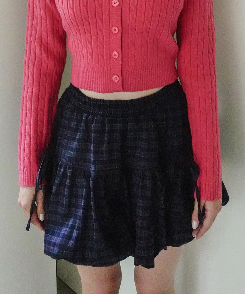 Cool Kitten Ribbon Plaid Balloon Skirt