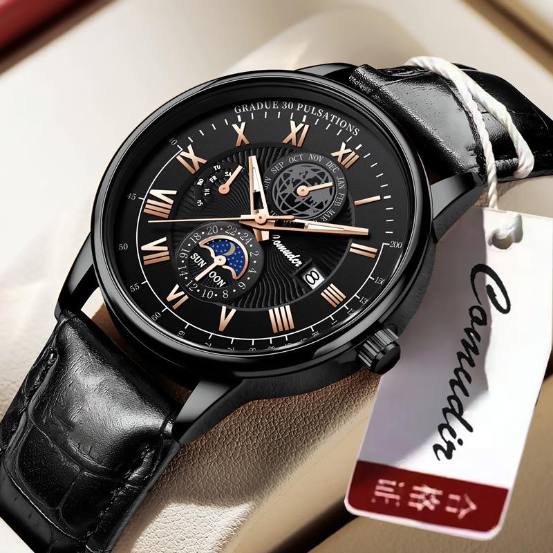 Швейцарские мужские кварцевые часы с кожаным ремешком - настоящие водонепроницаемые брендовые часы