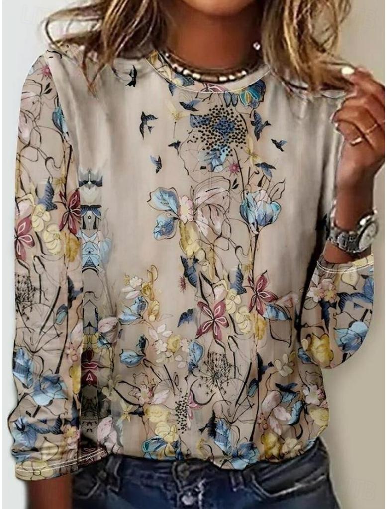 Модная женская футболка с круглым вырезом и длинным рукавом с винтажным цветочным принтом, повседневные топы, женская одежда, женская одежда в стиле Харадзюку, пуловер
