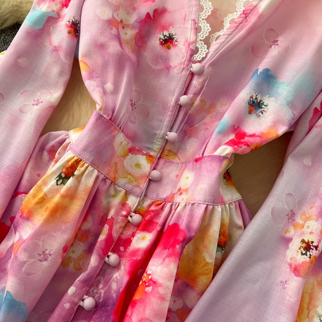 Весна-лето Женские однобортные платья с V-образным вырезом и кружевным воротником Длинные макси-платья для пляжа на берегу моря