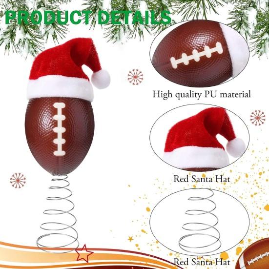 Rugby Christmas Tree Topper with Santa Hat Spring Base Bouncing Sports Ornament Fun Desk Decor for Holiday Parties Valentine's Day Gifts