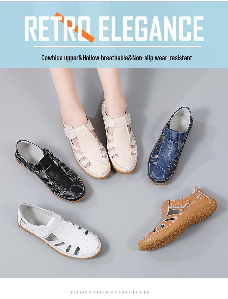 Летние Ретро Сандалии-липучки из Натуральной Коровьей Кожи Ручной Работы с Мягкой Подошвой