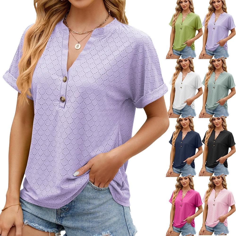 Spring and Summer Solid Color V-neck Button Loose Short-sleeved T-shirt Top Women's Clothing