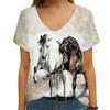 Summer 2023 Novelty Horse Dragonfly Print Short Sleeve T-Shirt, Loose Informal Street Top, Oversized V-Neck, 3D Flower Print Vin