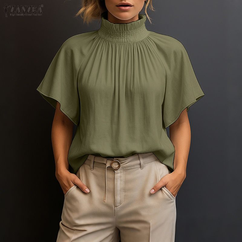 ZANZEA Женская повседневная блузка с высоким воротником, свободного кроя, с короткими рукавами, для лета